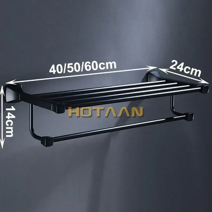 Modern matte black aluminum towel rack with hook bathroom shelf