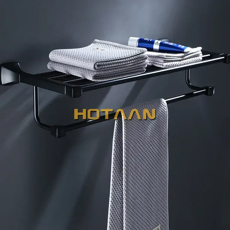 Modern matte black aluminum towel rack with hook bathroom shelf