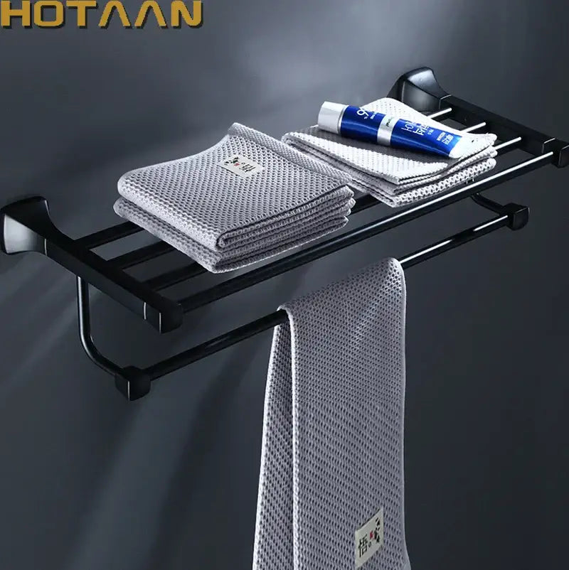 Modern matte black aluminum towel rack with hook bathroom shelf