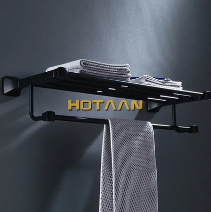 Modern matte black aluminum towel rack with hook bathroom shelf