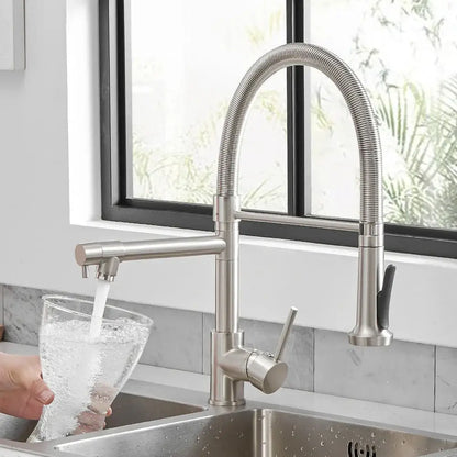 Modern matte black and brushed nickel spring kitchen faucet