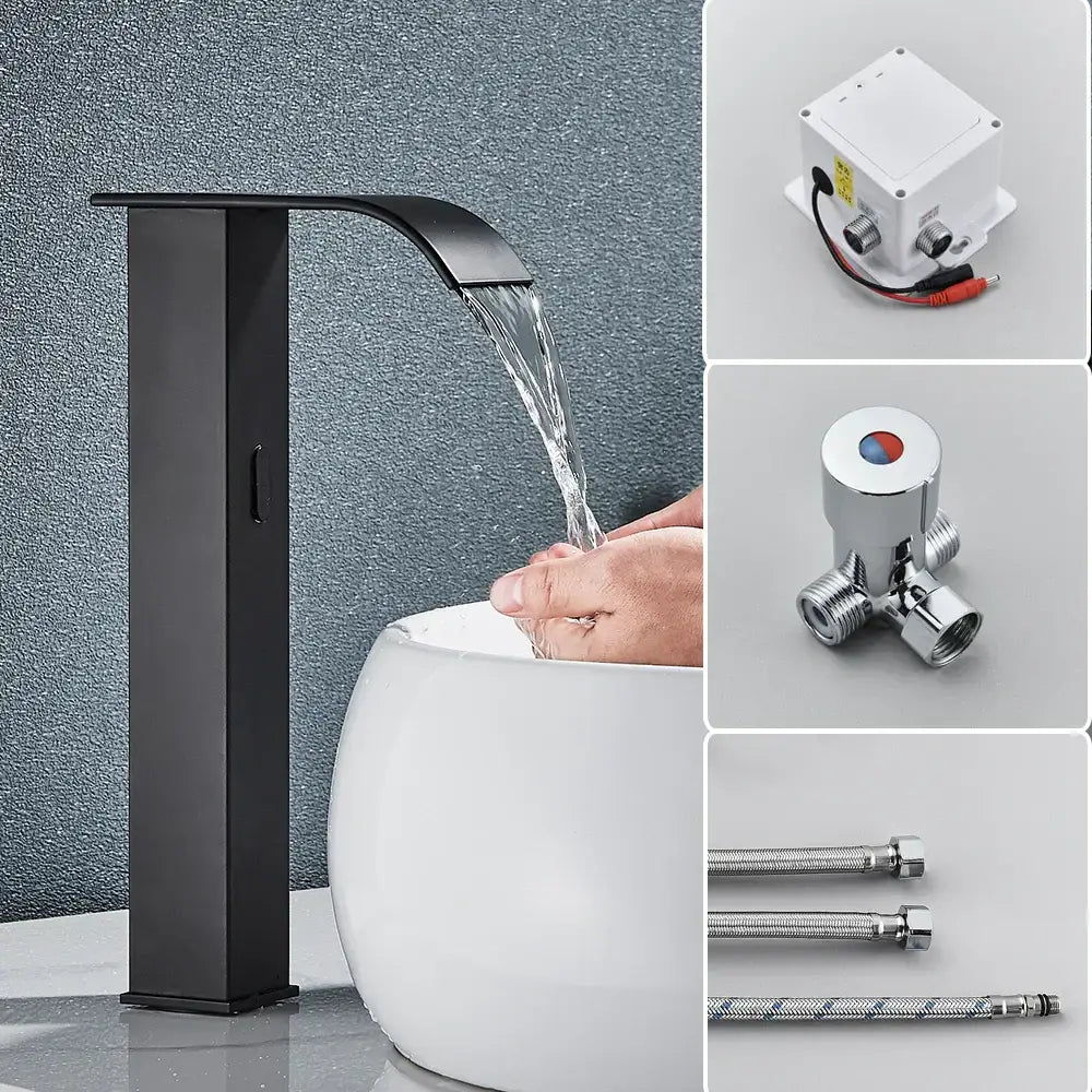 Modern matte black automatic sensor waterfall basin faucet bathroom sink tap