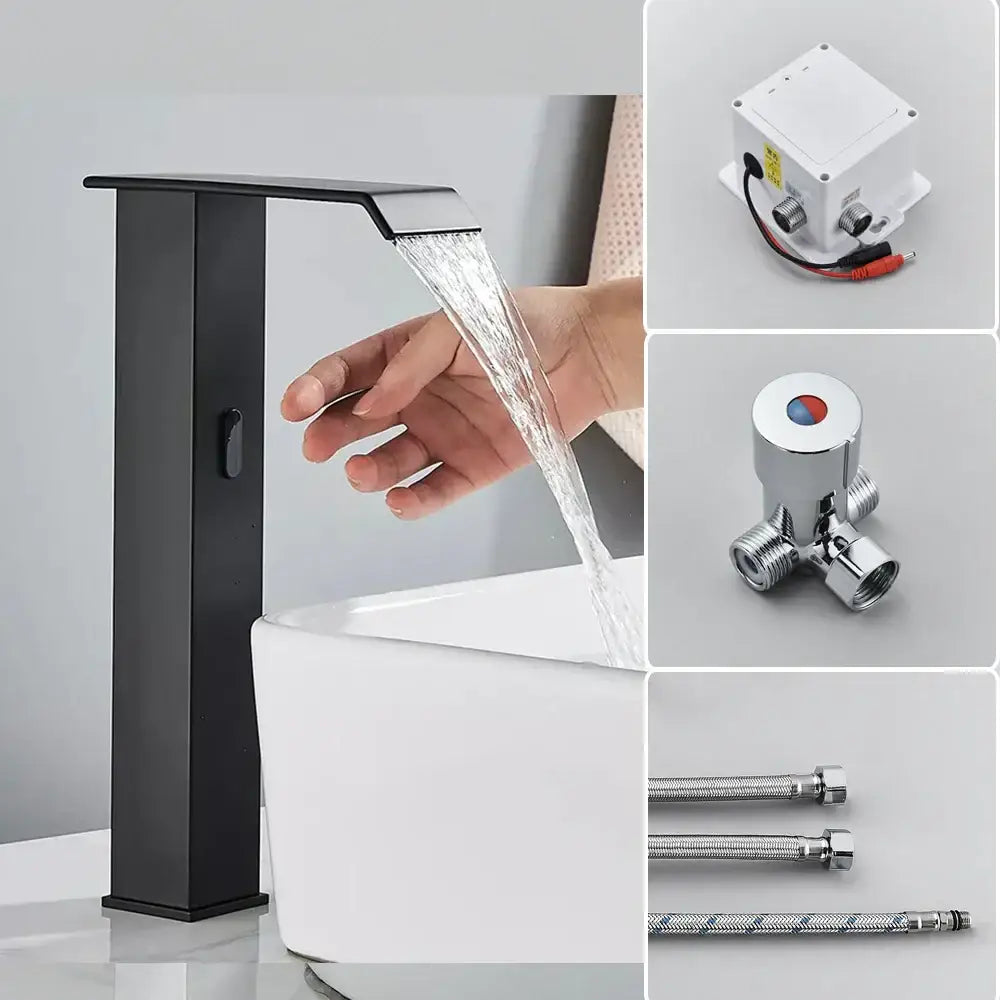 Modern matte black automatic sensor waterfall basin faucet bathroom sink tap