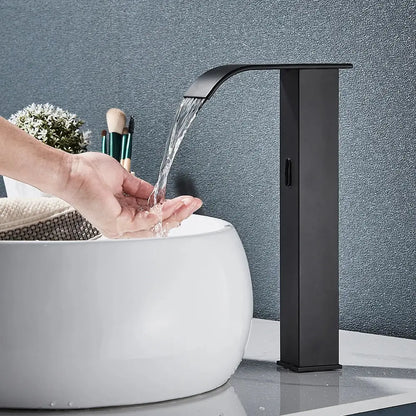 Modern matte black automatic sensor waterfall basin faucet bathroom sink tap