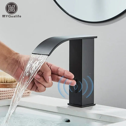 Modern matte black automatic sensor waterfall basin faucet bathroom sink tap
