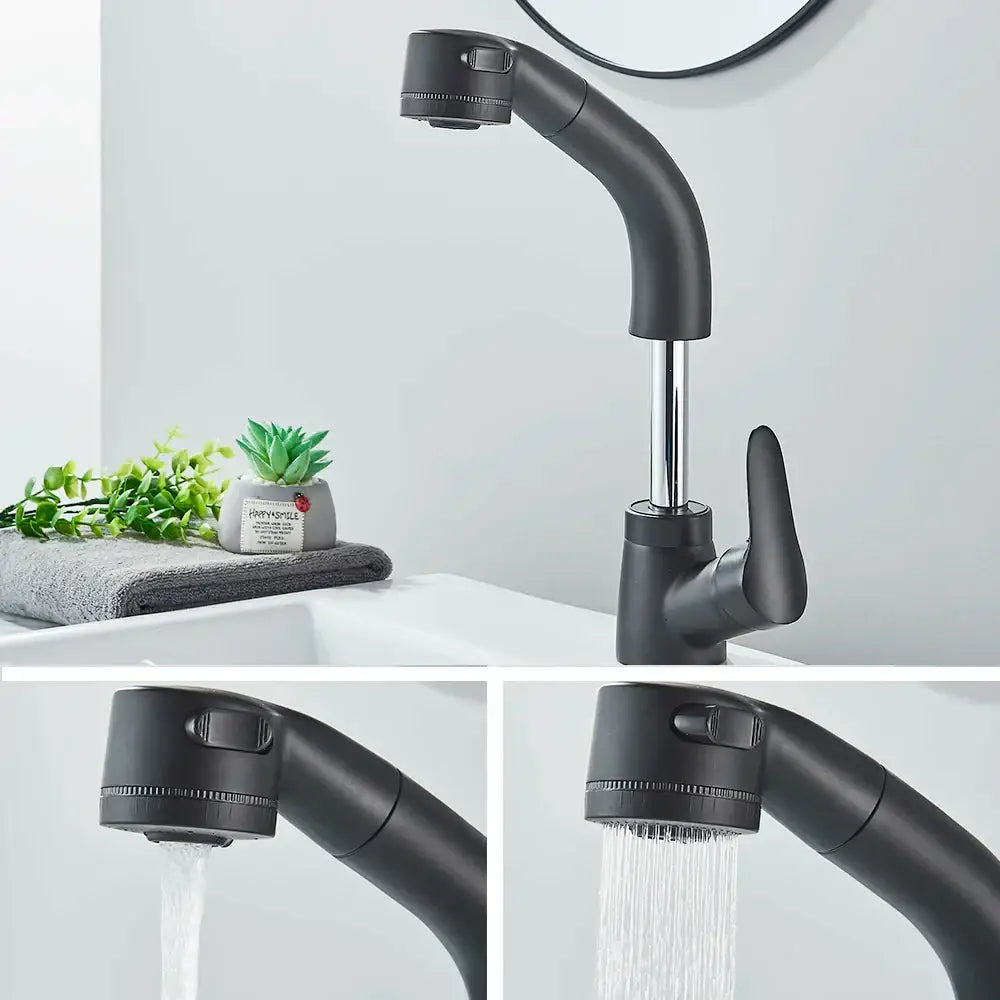 Modern matte black basin faucet with chrome accents for kitchen
