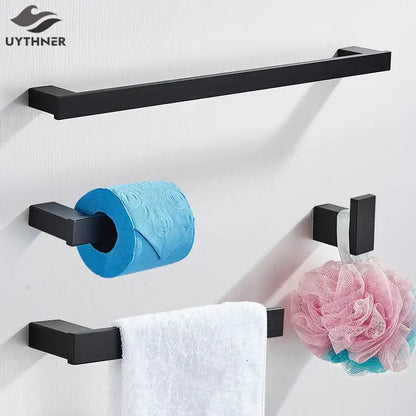 Modern matte black bathroom hardware set with square towel rack
