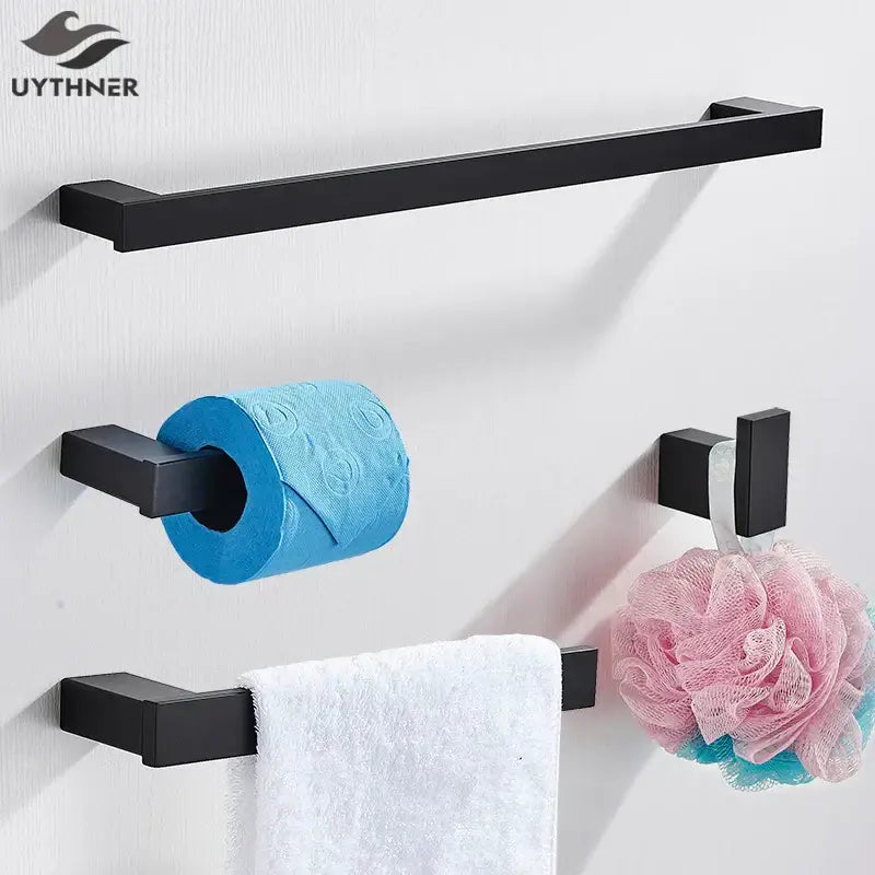 Modern matte black bathroom hardware set with square towel rack