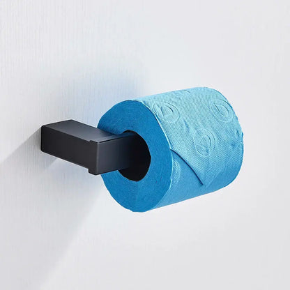 Modern matte black bathroom hardware set with square towel rack