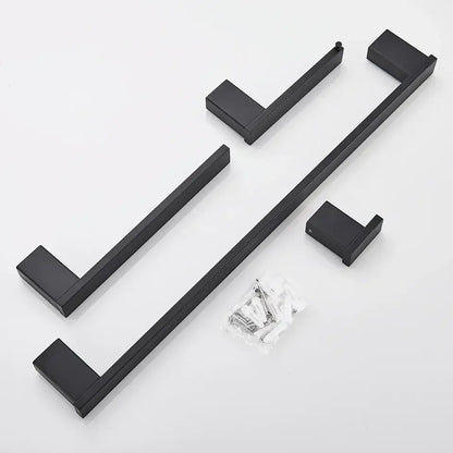 Modern matte black bathroom hardware set with square towel rack
