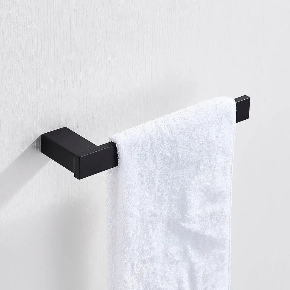 Modern matte black bathroom hardware set with square towel rack