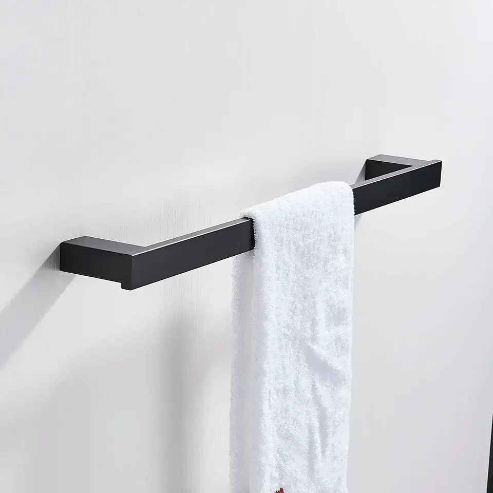 Modern matte black bathroom hardware set with square towel rack