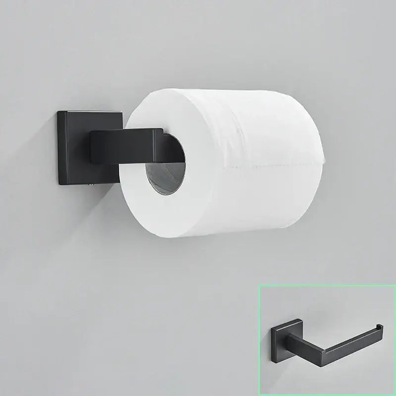 Modern matte black bathroom hardware set with square towel rail
