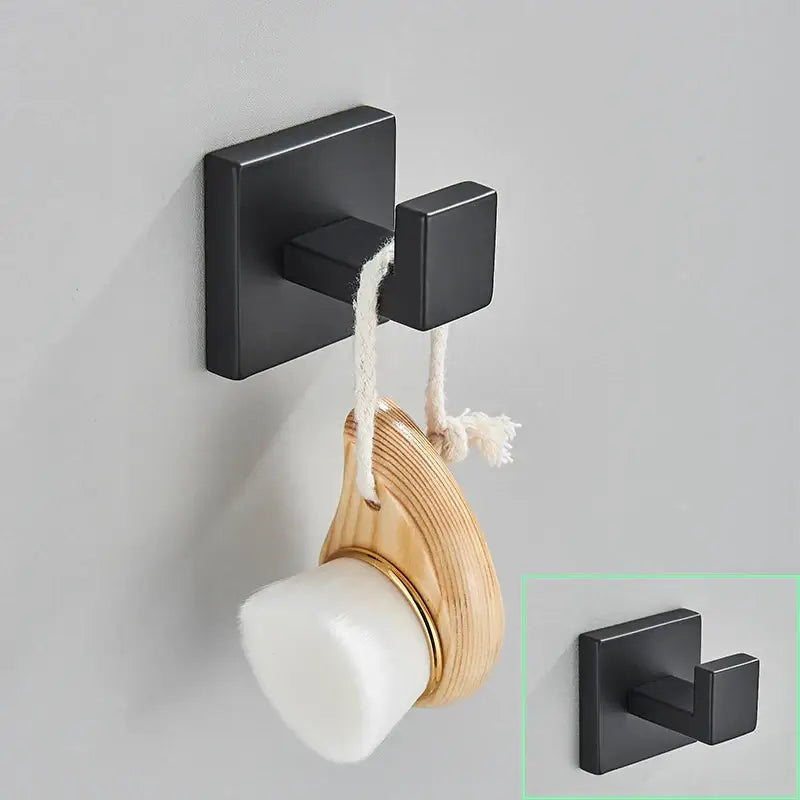 Modern matte black bathroom hardware set with square towel rail