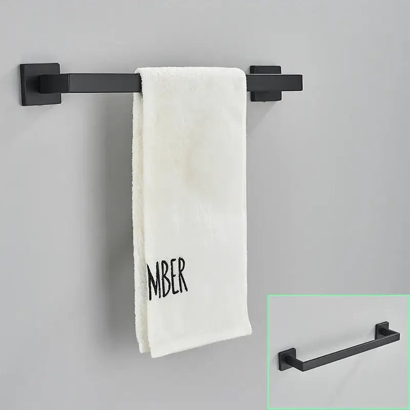 Modern matte black bathroom hardware set with square towel rail