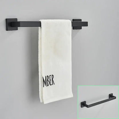 Modern matte black bathroom hardware set with square towel rail
