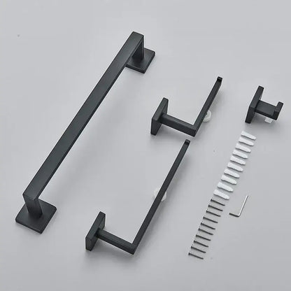 Modern matte black bathroom hardware set with square towel rail