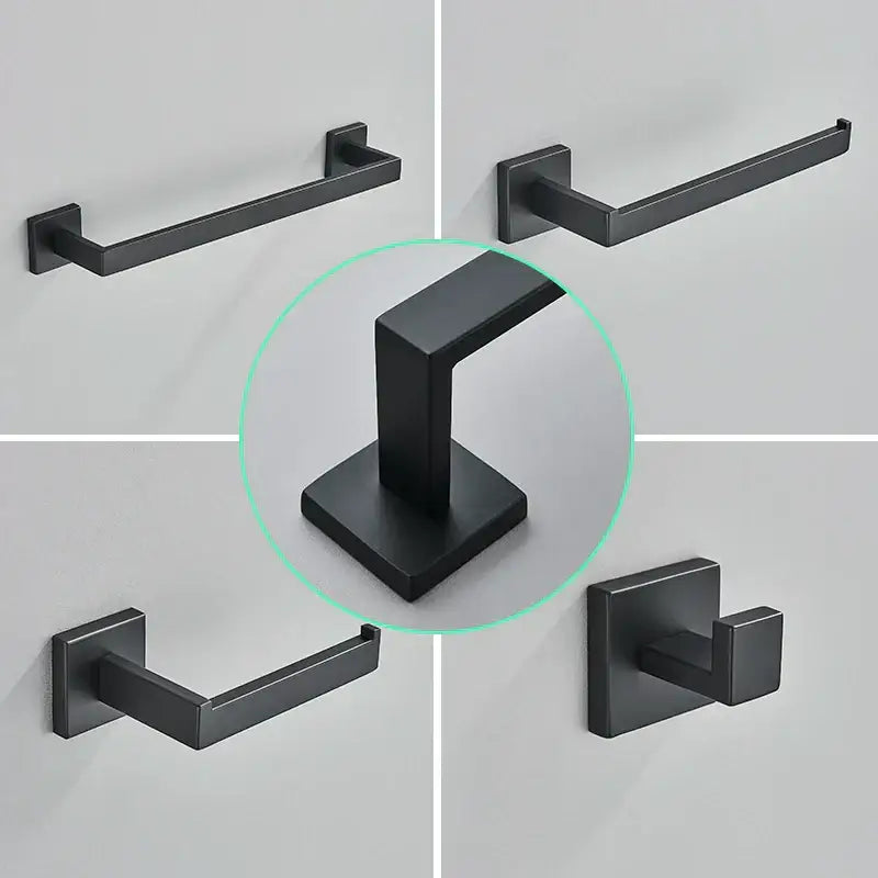 Modern matte black bathroom hardware set with square towel rail