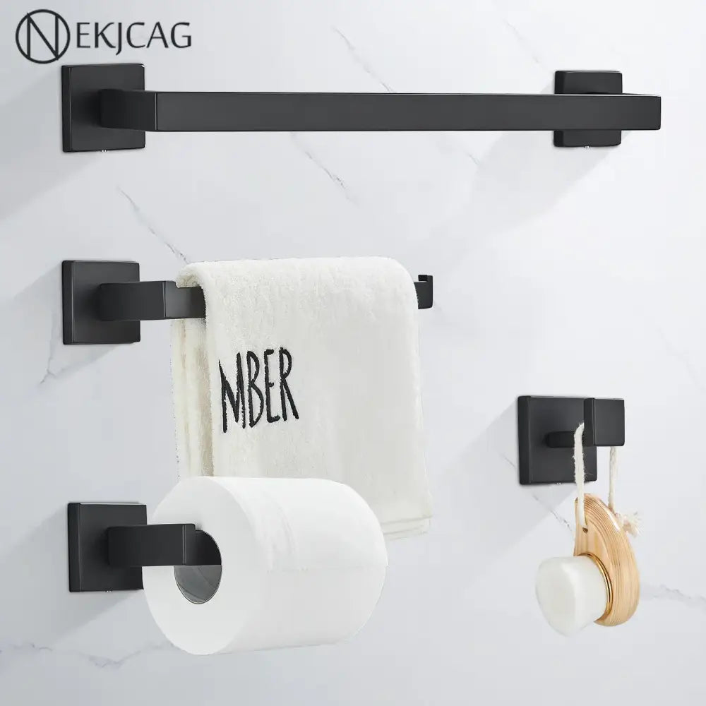 Modern matte black bathroom hardware set with square towel rail