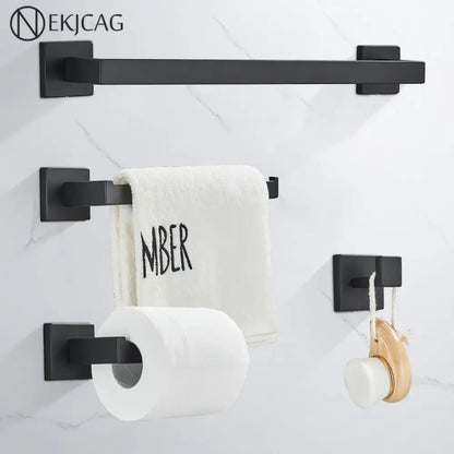 Modern matte black bathroom hardware set with square towel rail