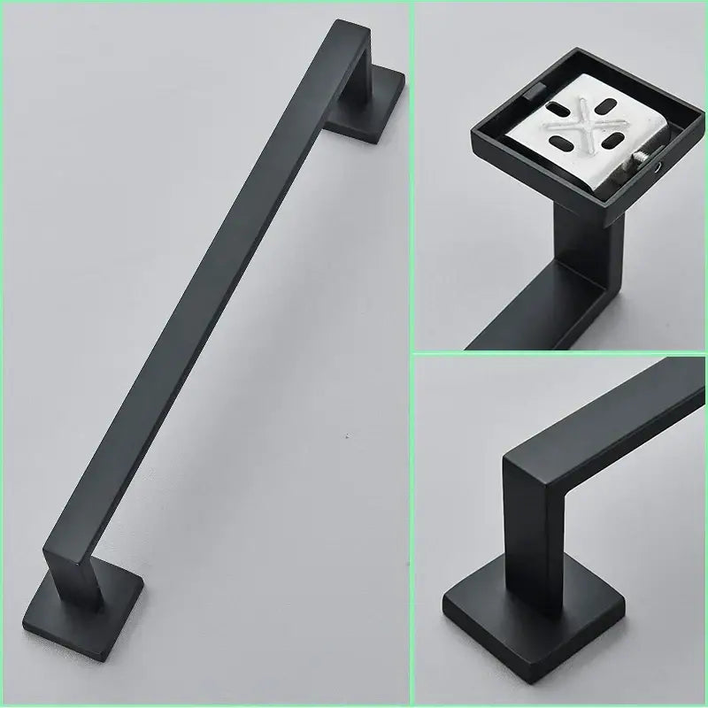 Modern matte black bathroom hardware set with square towel rail