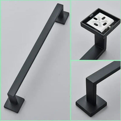 Modern matte black bathroom hardware set with square towel rail