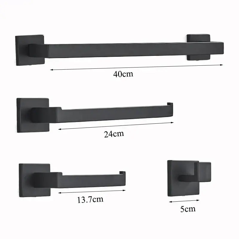 Modern matte black bathroom hardware set with square towel rail