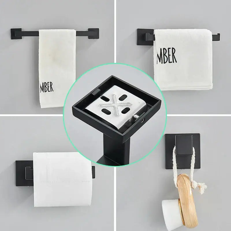 Modern matte black bathroom hardware set with square towel rail