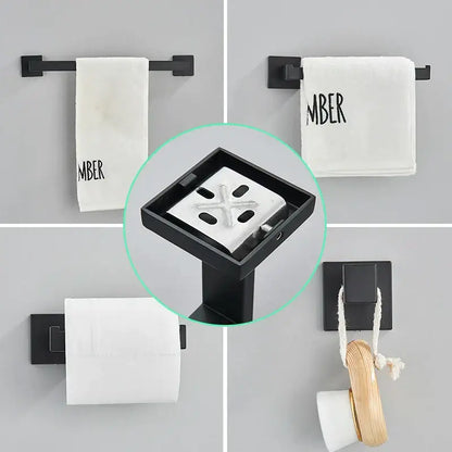 Modern matte black bathroom hardware set with square towel rail