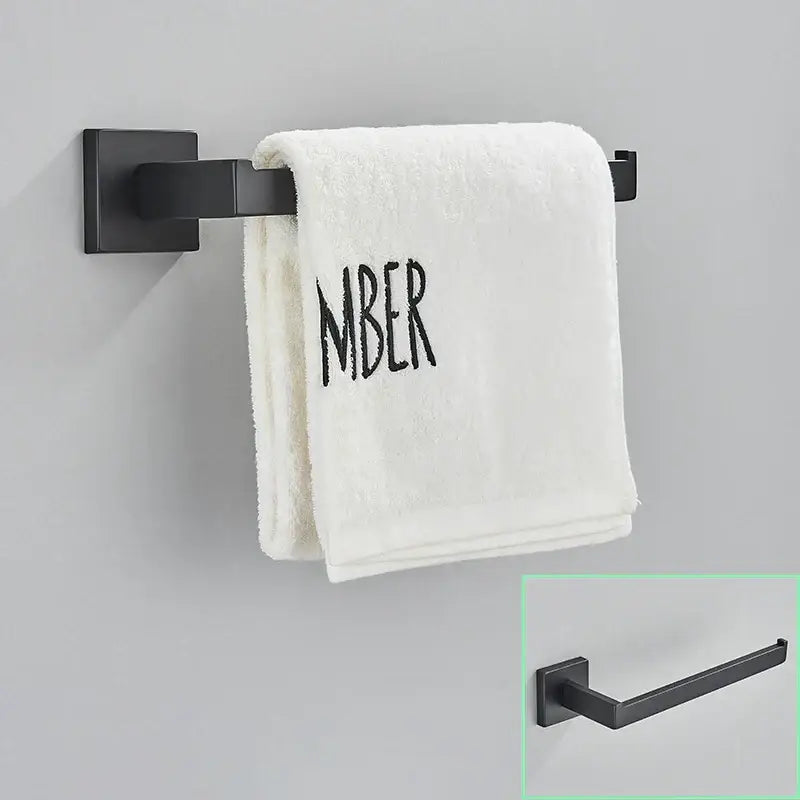 Modern matte black bathroom hardware set with square towel rail