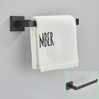Modern matte black bathroom hardware set with square towel rail