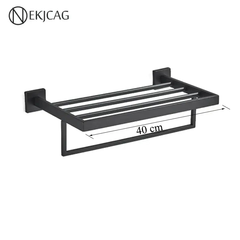 Modern matte black bathroom set with towel rack and gold rod accessories