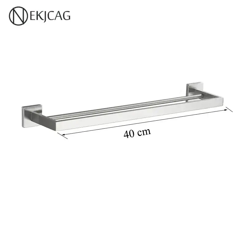 Modern matte black bathroom set with towel rack and gold rod accessories
