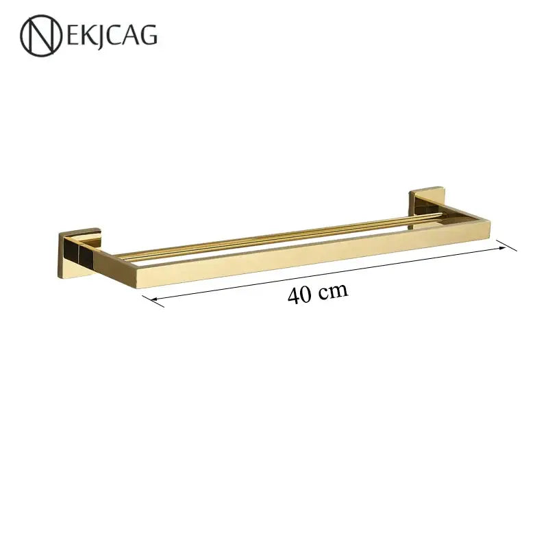 Modern matte black bathroom set with towel rack and gold rod accessories