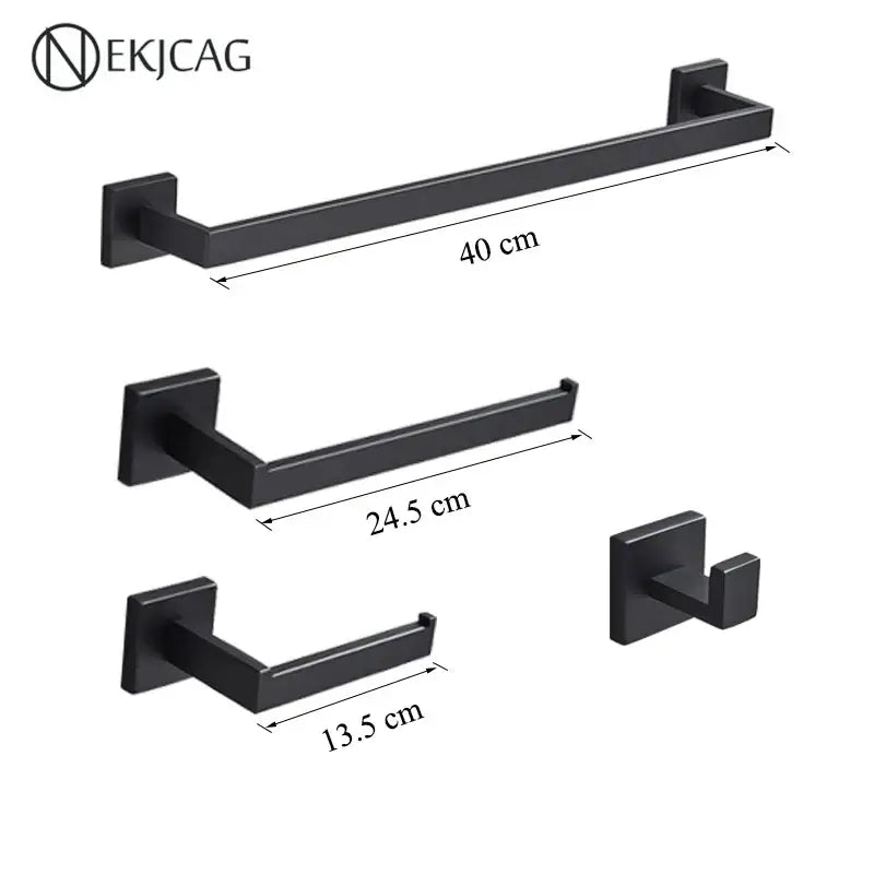 Modern matte black bathroom set with towel rack and gold rod accessories