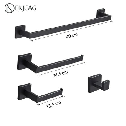 Modern matte black bathroom set with towel rack and gold rod accessories