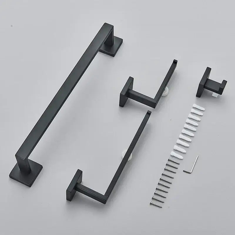 Modern matte black bathroom set with towel rack and gold rod accessories