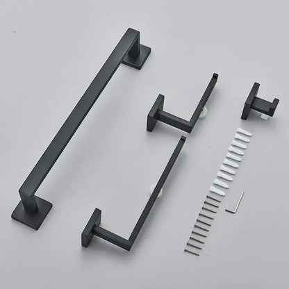 Modern matte black bathroom set with towel rack and gold rod accessories