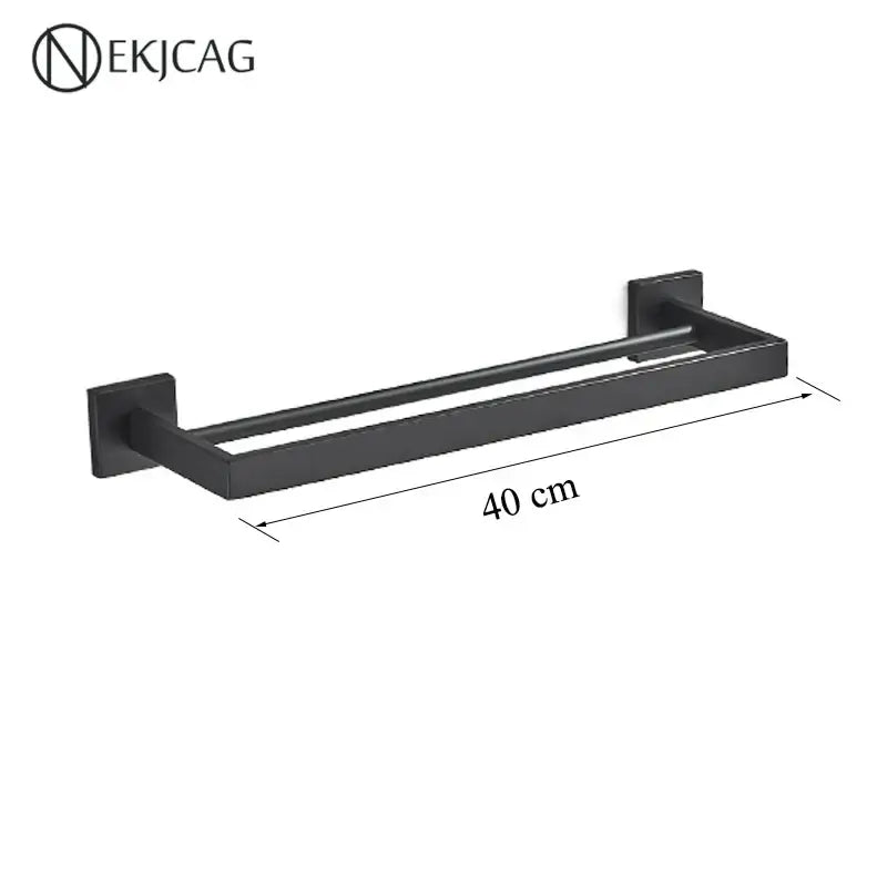 Modern matte black bathroom set with towel rack and gold rod accessories