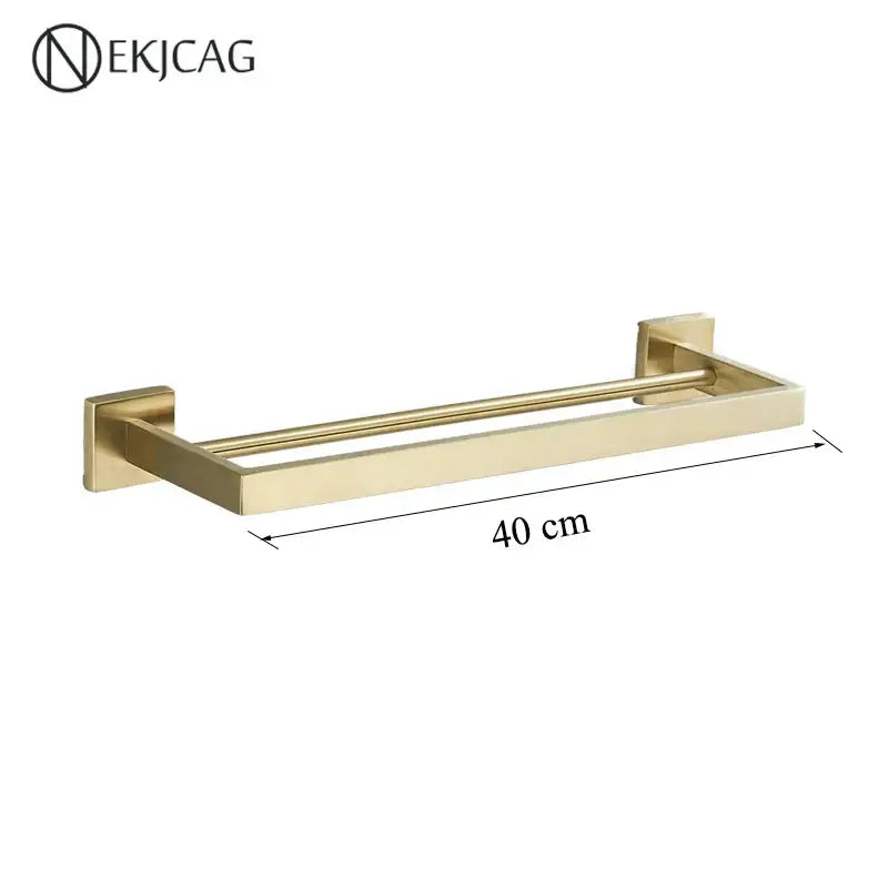 Modern matte black bathroom set with towel rack and gold rod accessories