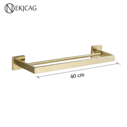 Modern matte black bathroom set with towel rack and gold rod accessories