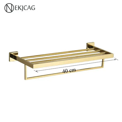 Modern matte black bathroom set with towel rack and gold rod accessories