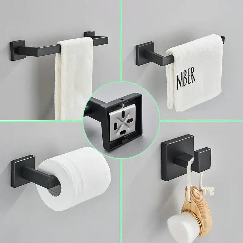 Modern matte black bathroom set with towel rack and gold rod accessories