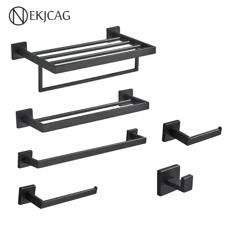Modern matte black bathroom set with towel rack and gold rod accessories