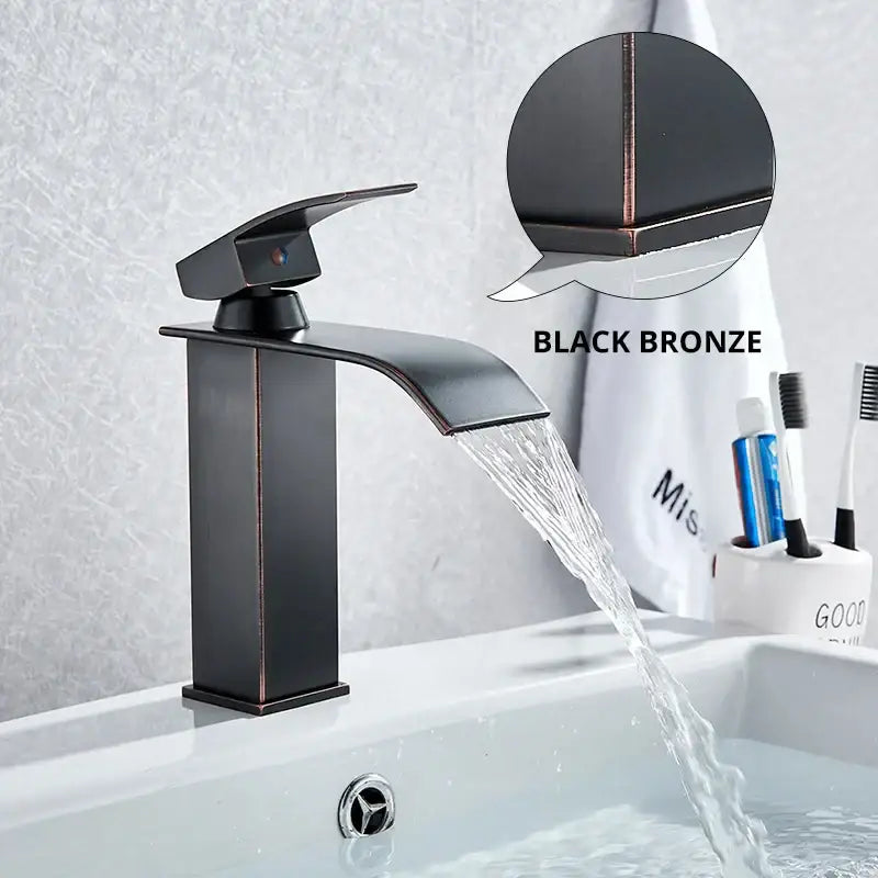 Modern matte black brass bathroom waterfall sink faucet