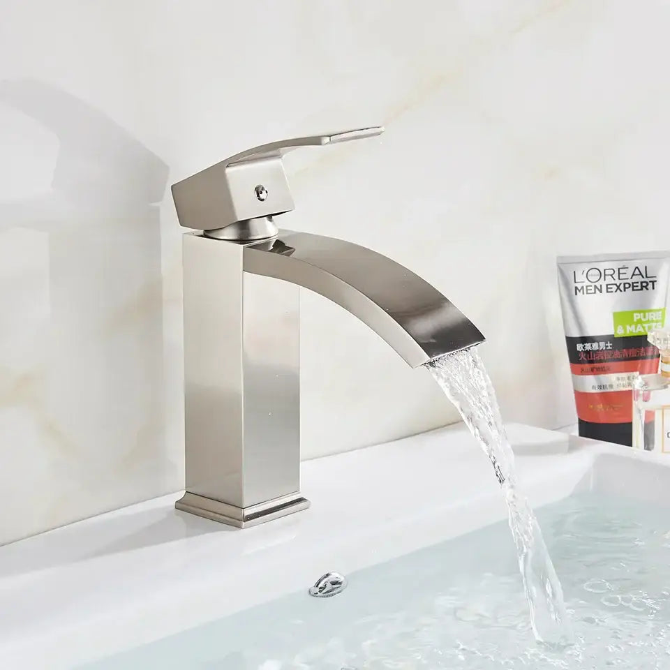 Modern matte black brass bathroom waterfall sink faucet