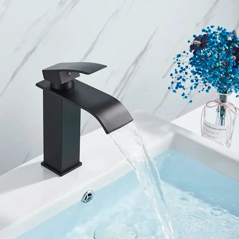 Modern matte black brass bathroom waterfall sink faucet