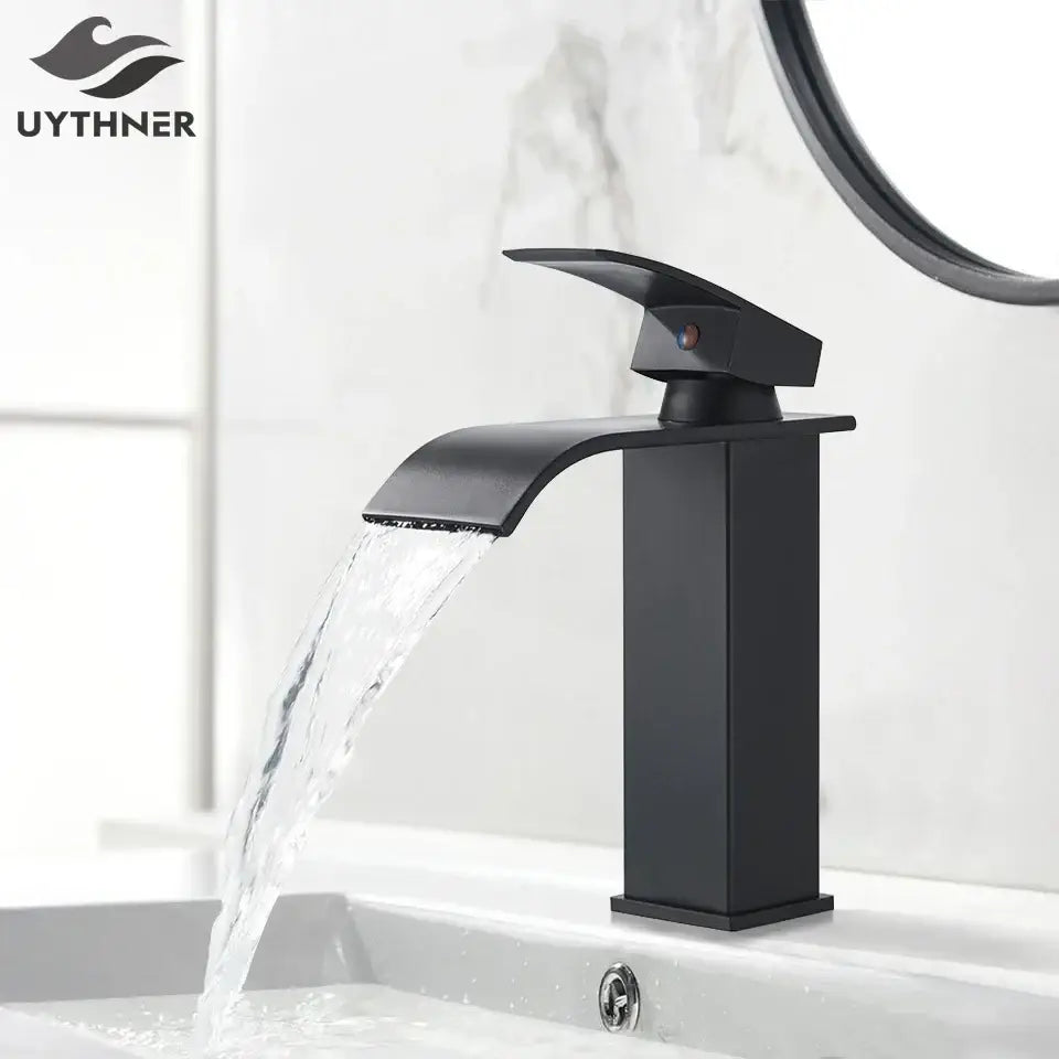 Modern matte black brass bathroom waterfall sink faucet