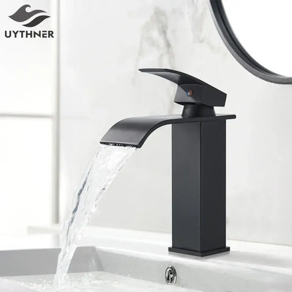 Modern matte black brass bathroom waterfall sink faucet