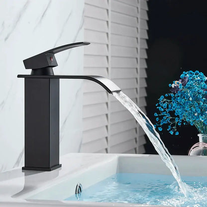 Modern matte black brass bathroom waterfall sink faucet